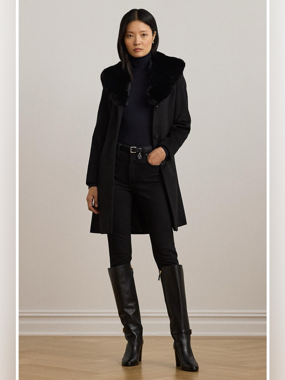 Lauren Ralph Lauren Black Wool Blend 3 Button Coat with Faux Fur Collar Medium